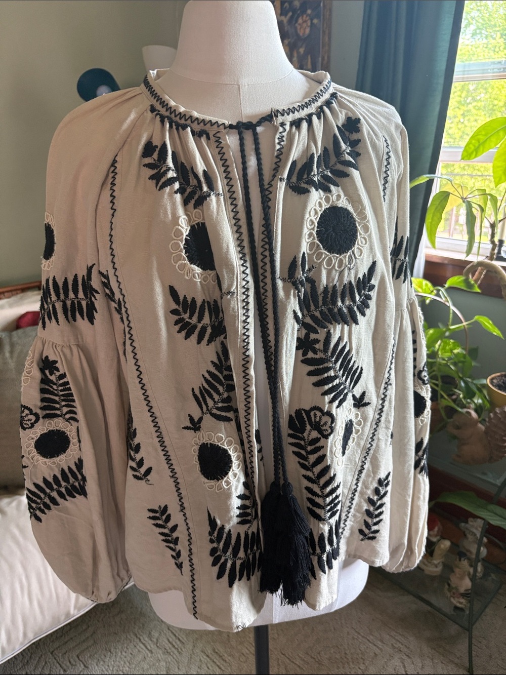 Zara Beige Blouse with Black Embroidered Floral Motif
